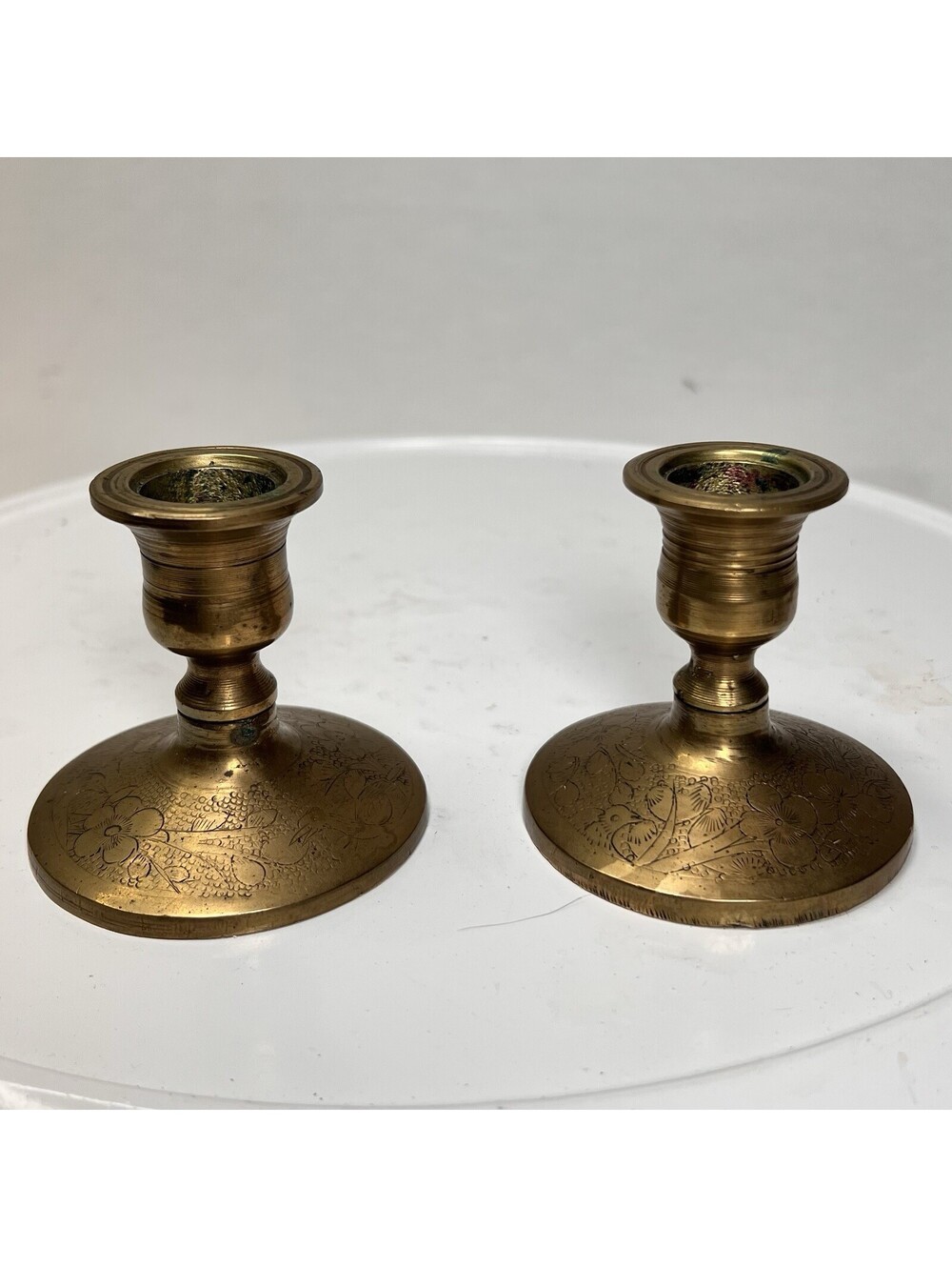 Vintage Pair of Heavy Etched Chinese Brass Candle Holders